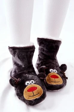 Świąteczne Papcie Ocieplane Renifer Szare