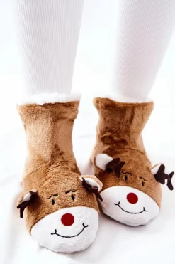 Świąteczne Papcie Ocieplane Renifer Beżowe