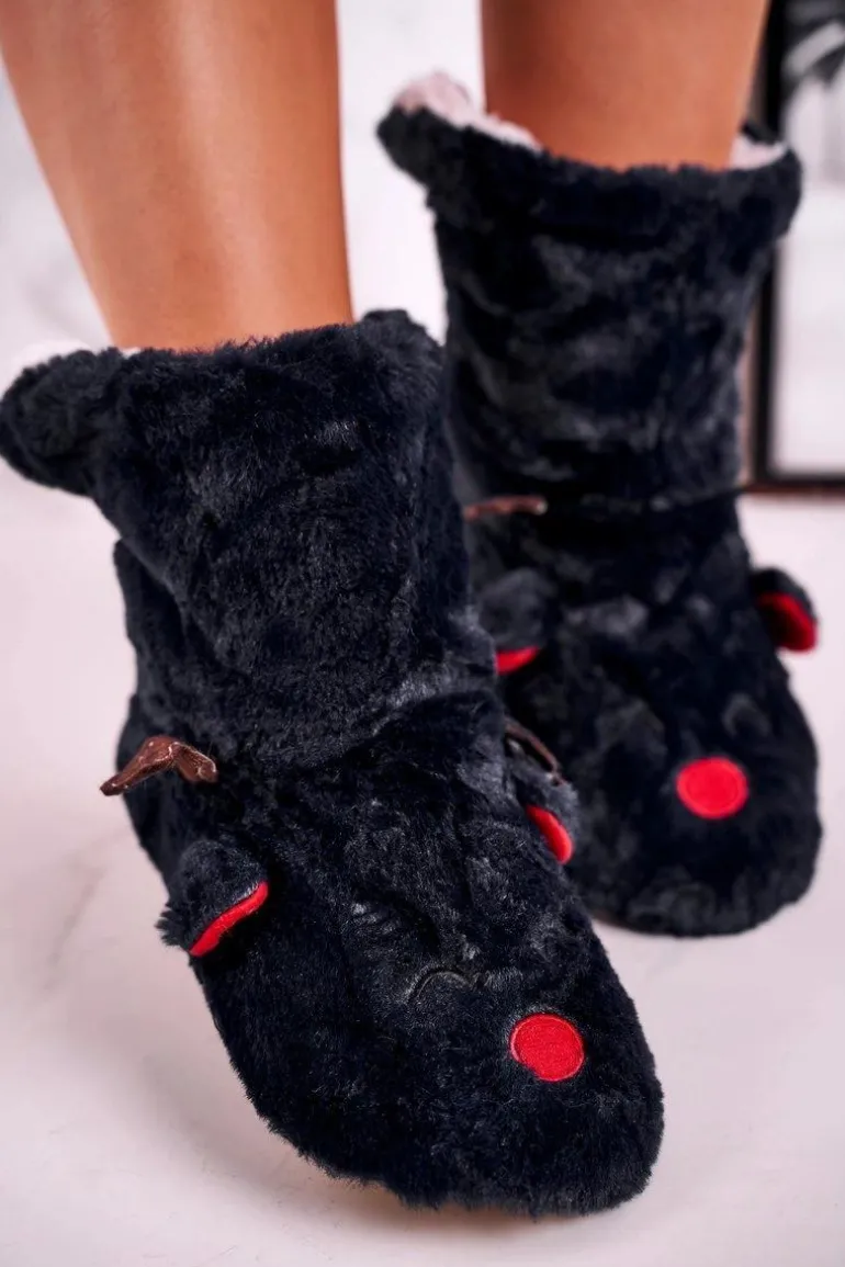 Świąteczne Papcie Z Reniferem Ocieplone Kożuszkiem Czarne Rudolph