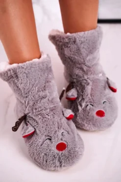 Świąteczne Papcie Z Reniferem Ocieplone Kożuszkiem Szare Rudolph