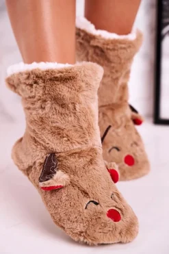 Świąteczne Papcie Z Reniferem Ocieplone Kożuszkiem Beżowe Rudolph