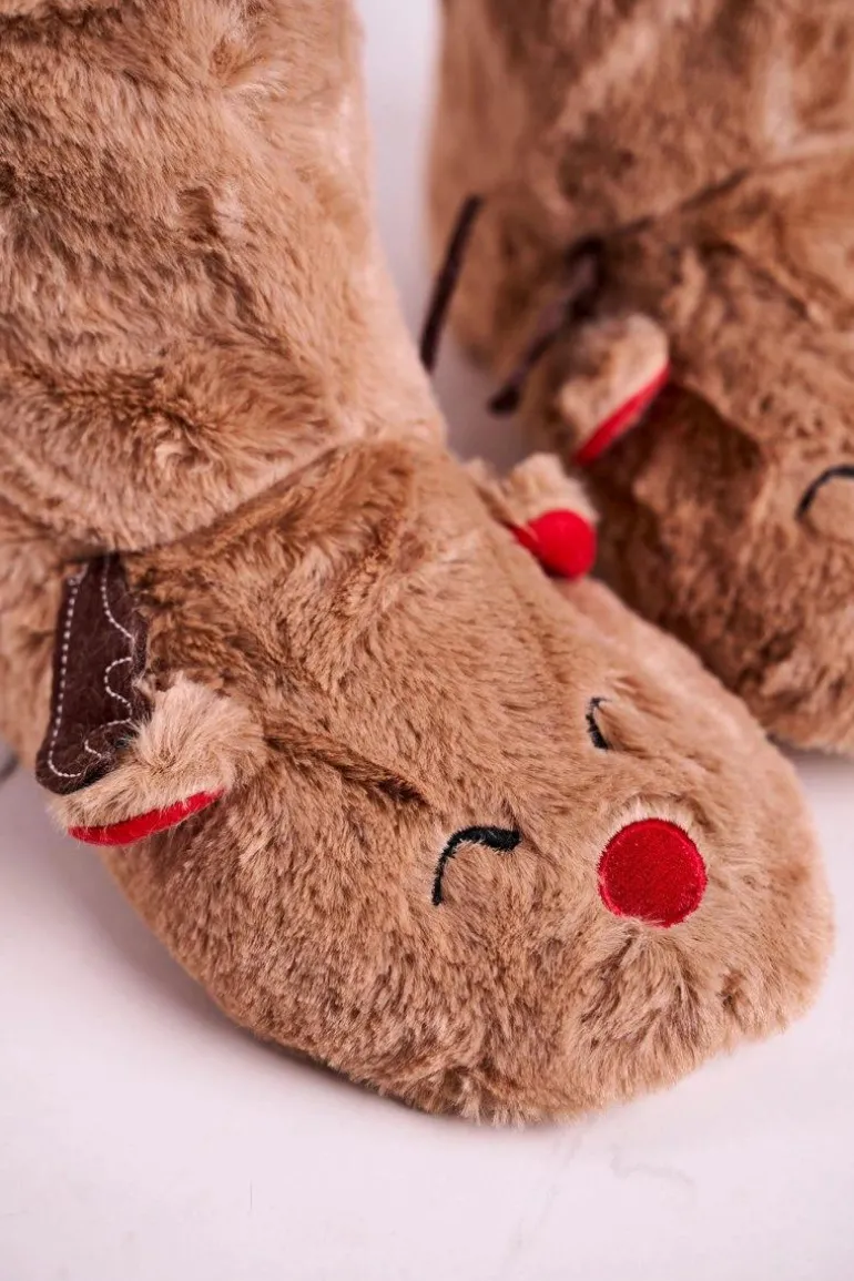 Świąteczne Papcie Z Reniferem Ocieplone Kożuszkiem Beżowe Rudolph