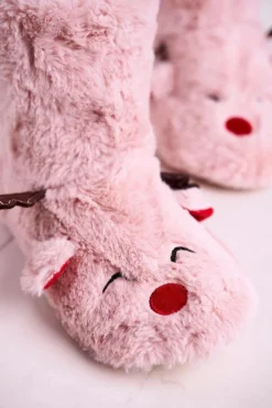 Świąteczne Papcie Z Reniferem Ocieplone Kożuszkiem Różowe Rudolph