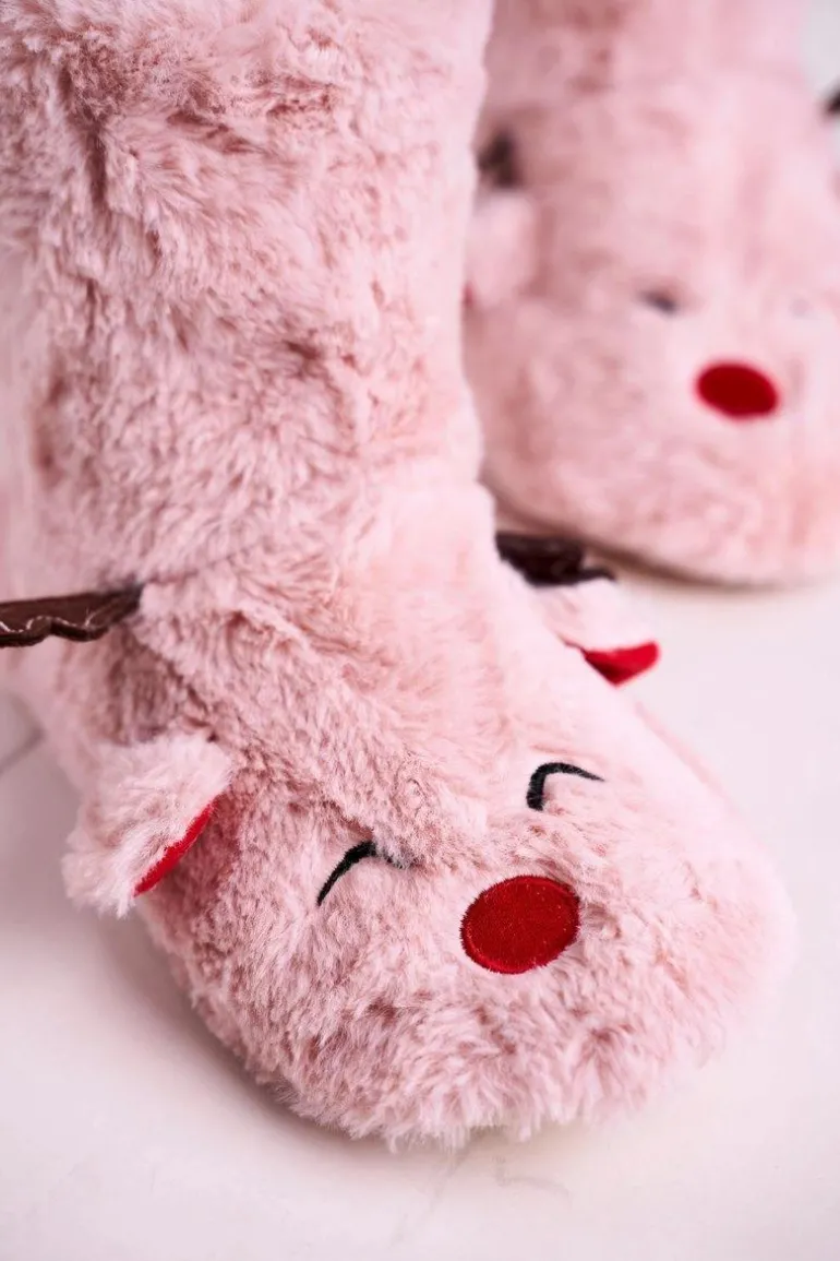 Świąteczne Papcie Z Reniferem Ocieplone Kożuszkiem Różowe Rudolph