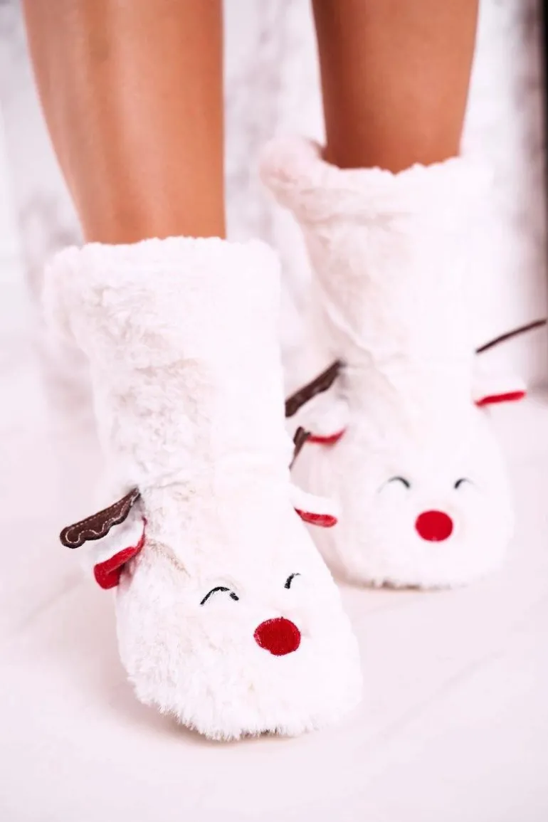 Świąteczne Papcie Z Reniferem Ocieplone Kożuszkiem Białe Rudolph