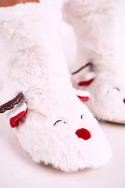 Świąteczne Papcie Z Reniferem Ocieplone Kożuszkiem Białe Rudolph