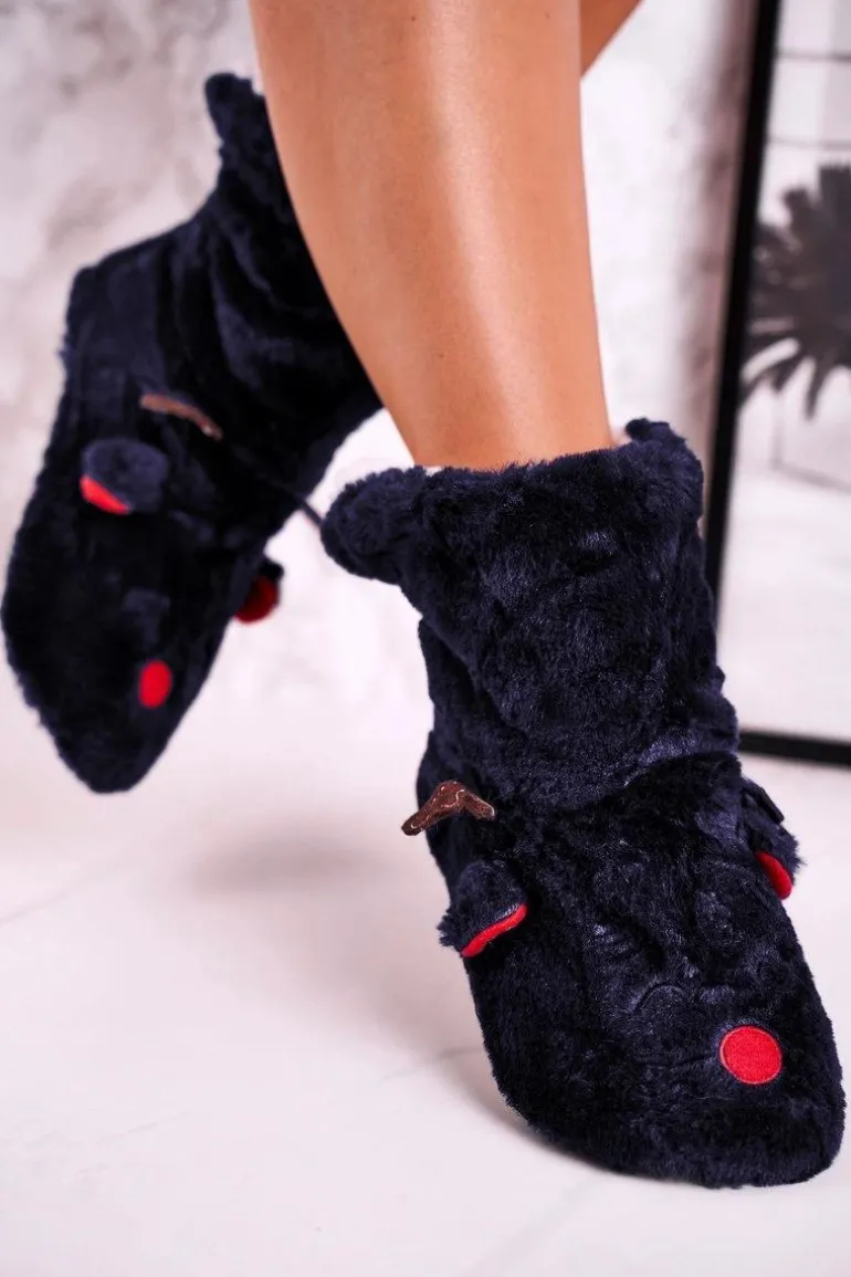 Świąteczne Papcie Z Reniferem Ocieplone Kożuszkiem Granatowe Rudolph