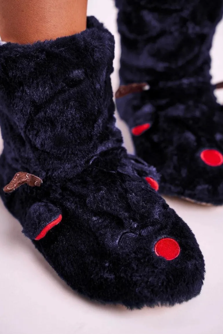 Świąteczne Papcie Z Reniferem Ocieplone Kożuszkiem Granatowe Rudolph