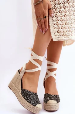 Wiązane Damskie Sandały Na Koturnie Czarne Josephine