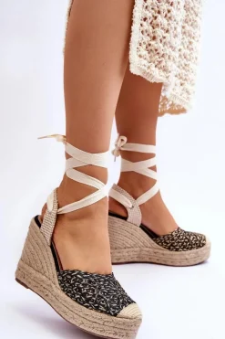 Wiązane Damskie Sandały Na Koturnie Czarne Josephine