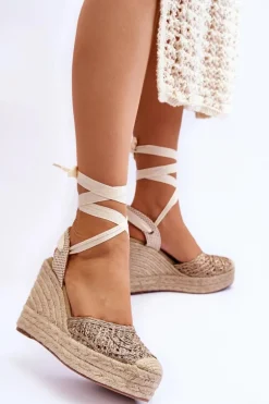 Wiązane Damskie Sandały Na Koturnie Beżowe Josephine