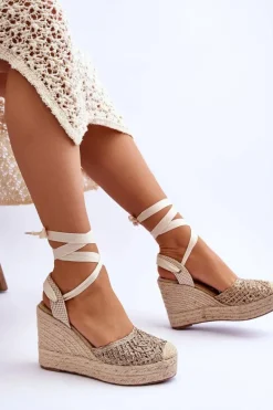 Wiązane Damskie Sandały Na Koturnie Beżowe Josephine