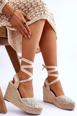 Wiązane Damskie Sandały Na Koturnie Białe Josephine