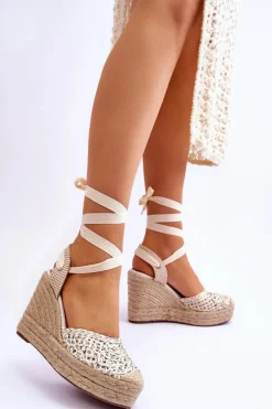 Wiązane Damskie Sandały Na Koturnie Białe Josephine