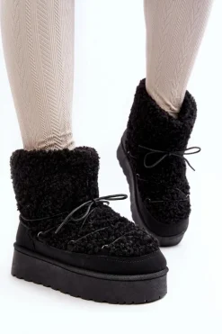 Wiązane Śniegowce Damskie Na Grubej Podeszwie Czarne Loso
