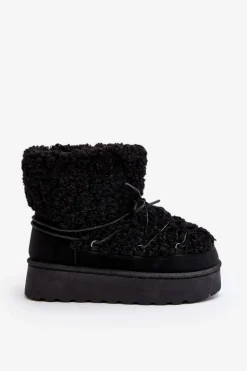 Wiązane Śniegowce Damskie Na Grubej Podeszwie Czarne Loso