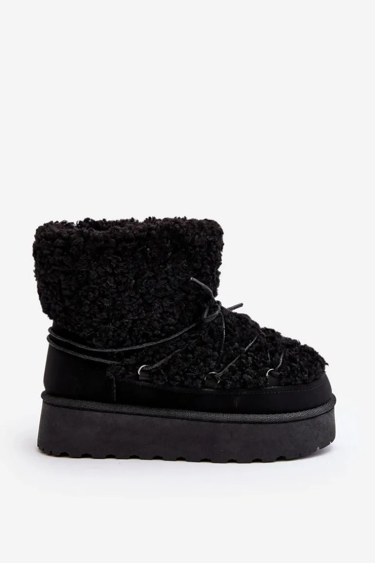 Wiązane Śniegowce Damskie Na Grubej Podeszwie Czarne Loso