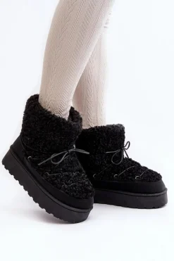 Wiązane Śniegowce Damskie Na Grubej Podeszwie Czarne Loso