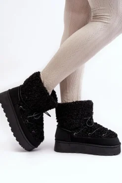 Wiązane Śniegowce Damskie Na Grubej Podeszwie Czarne Loso