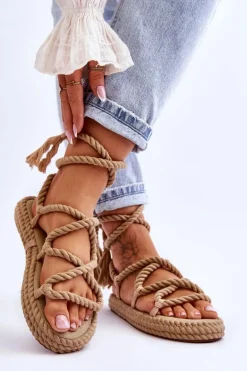 Wiązane Sandałki Na Masywnej Platformie Ciemnobeżowe Can't Wait