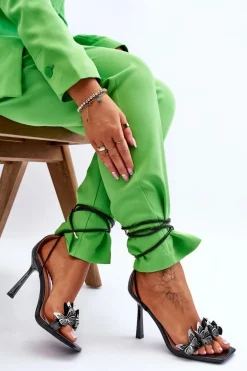 Wiązane Sandałki Na Szpilce Z Motylami Czarne Delmar