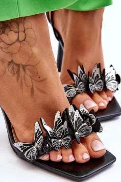 Wiązane Sandałki Na Szpilce Z Motylami Czarne Delmar