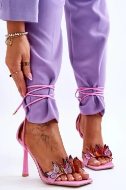 Wiązane Sandałki Na Szpilce Z Motylami Różowe Delmar