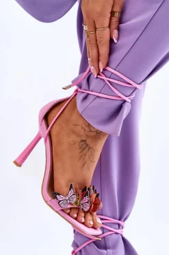 Wiązane Sandałki Na Szpilce Z Motylami Różowe Delmar