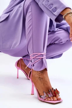 Wiązane Sandałki Na Szpilce Z Motylami Różowe Delmar