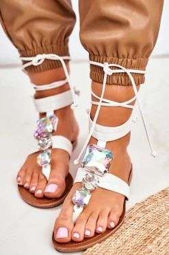 Wiązane Sandały Gladiatorki Z Kryształkami Białe Volare