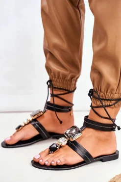 Wiązane Sandały Gladiatorki Z Kryształkami Czarne Volare