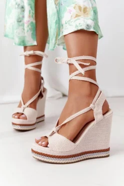 Wiązane Sandały Na Koturnie Beżowe Hawaii