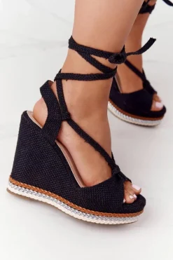 Wiązane Sandały Na Koturnie Czarne Hawaii