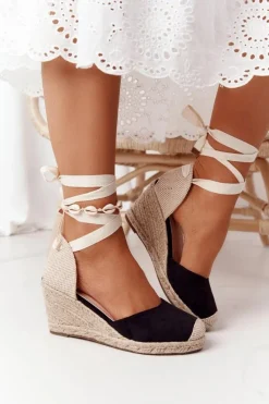 Wiązane Sandały Na Koturnie Z Plecionką Czarne Nelly