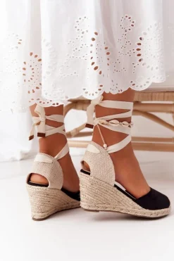 Wiązane Sandały Na Koturnie Z Plecionką Czarne Nelly