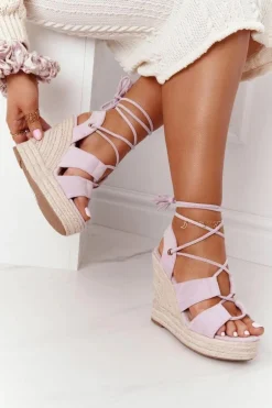 Wiązane Sandały Na Koturnie Z Plecionką Fioletowe Mallorca