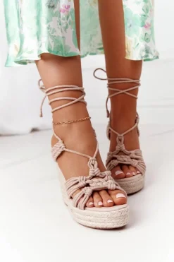 Wiązane Sandały Na Koturnie Z Plecionką Nude Run The World