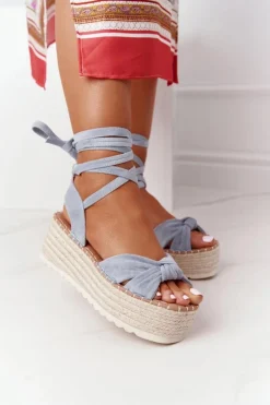 Wiązane Sandały Na Platformie Z Plecionką Niebieskie La Palma