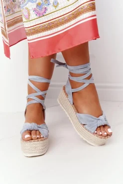 Wiązane Sandały Na Platformie Z Plecionką Niebieskie La Palma