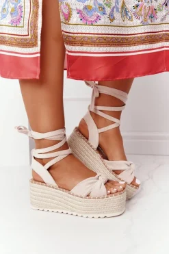 Wiązane Sandały Na Platformie Z Plecionką Beżowe La Palma