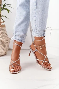 Wiązane Sandały Na Szpilce Z Kwadratowym Noskiem Srebrne Runway