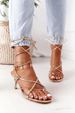 Wiązane Sandały Na Szpilce Z Kwadratowym Noskiem Złote Runway