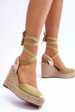 Wiązane Sandały Na Wysokim Koturnie Zielone Lendy