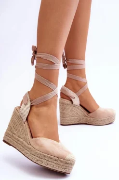 Wiązane Sandały Na Wysokim Koturnie Beżowe Lendy