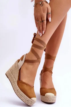 Wiązane Sandały Na Wysokim Koturnie Camel Lendy
