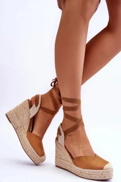 Wiązane Sandały Na Wysokim Koturnie Camel Lendy