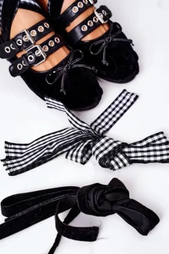 Wiązane Welurowe Baleriny Lu Boo Czarne