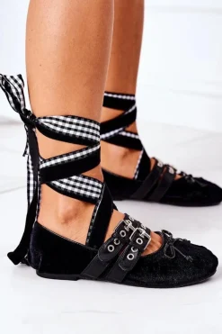 Wiązane Welurowe Baleriny Lu Boo Czarne