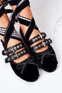 Wiązane Welurowe Baleriny Lu Boo Czarne