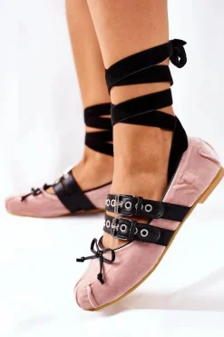 Wiązane Welurowe Baleriny Lu Boo Beżowe